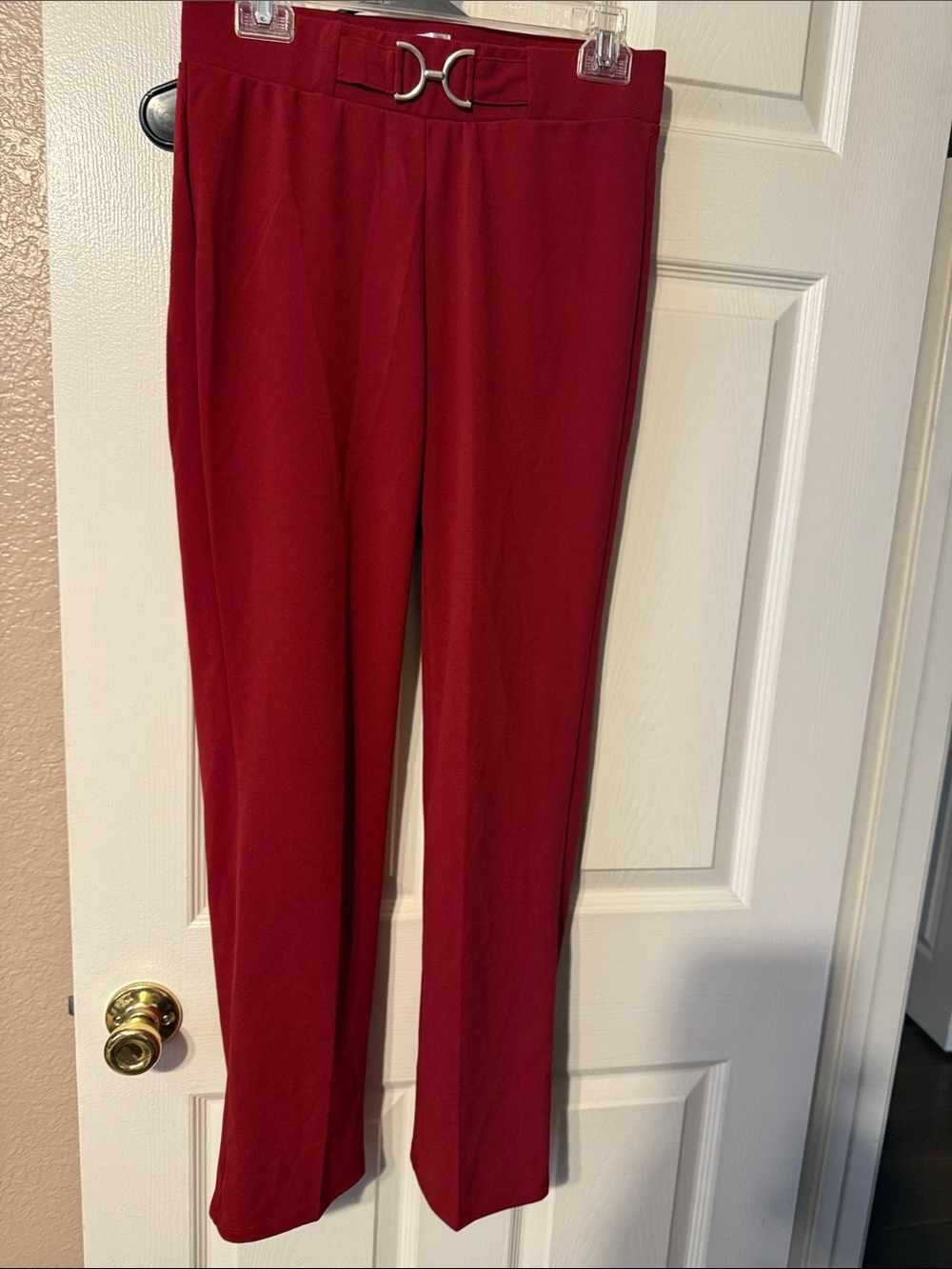 Women’s Red Tailored Trousers with Decorative Buckle